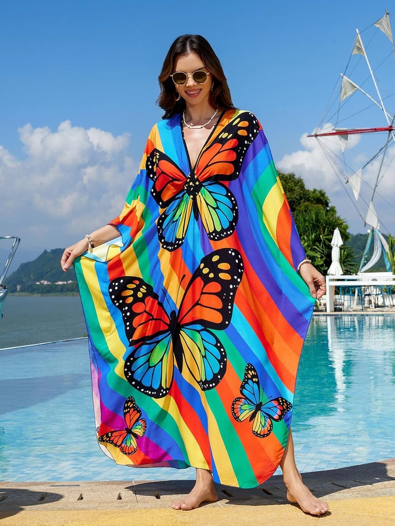 IMAGEKOPE Women's Plus Size Animal Print V-Neck Batwing Kaftan Beach Dress Bathing Suit Cover-Up Loungewear - Image 3